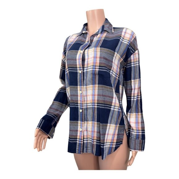 Old Navy The Boyfriend Shirt Women SZ Medium Navy Blue Plaid Classic Shirt - Picture 13 of 16